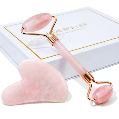 Caixa de logotipo personalizada com face de cristal natural gua sha placa de jade facial de quartzo rosa conjunto com caixa de presente